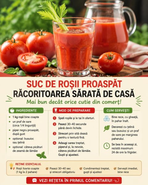Suc de roșii proaspăt stors, răcoritoarea sărată care bate orice cutie din comerț