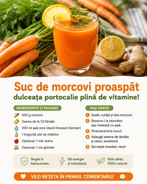 Suc de morcovi proaspăt, dulceața portocalie plină de vitamine pe care o faci în 5 minute