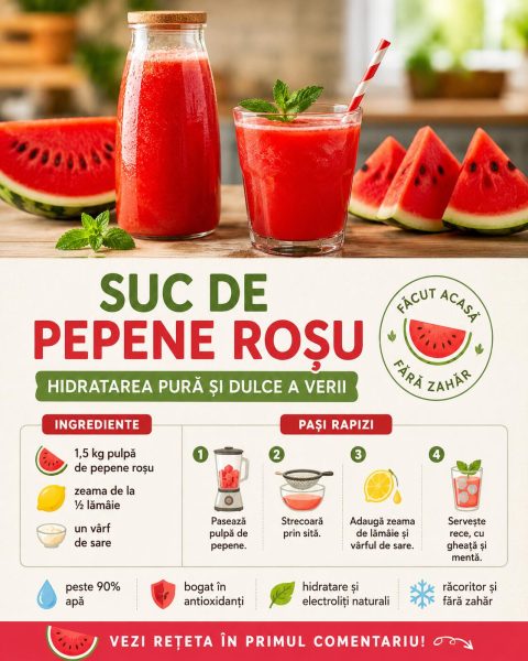 Suc de pepene roșu, cea mai dulce și răcoritoare hidratare a verii. Iată cum îl faci!