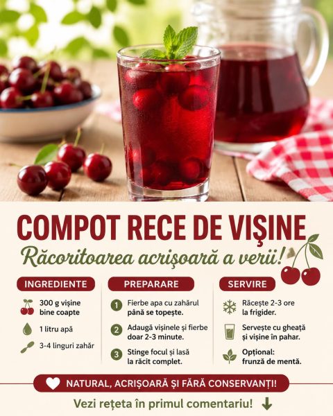 Zeama rece de compot de vișine, răcoritoarea acrișoară pe care o bei direct din pahar