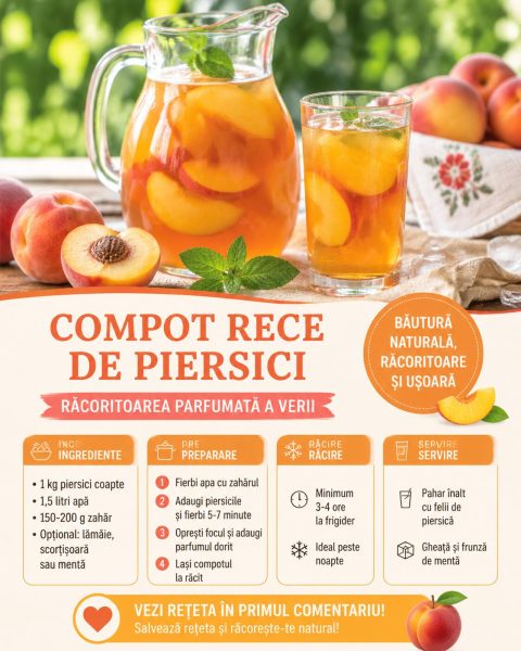 Compotul rece de piersici, răcoritoarea parfumată care îți salvează zilele toride de iulie