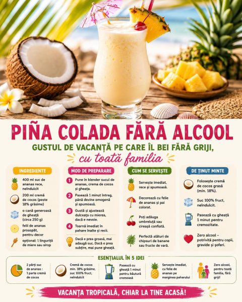 Piña colada fără alcool, gustul de vacanță pe care îl bei fără griji, cu toată familia