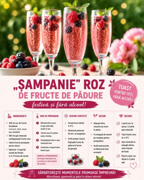 Cum faci o „șampanie„ roz de fructe de pădure, festivă și fără alcool. Iată secretul efervescenței!