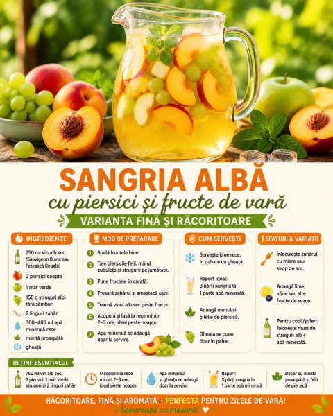 Sangria albă cu piersici și fructe de vară. Iat-o pas cu pas, e mai fină decât cea roșie!
