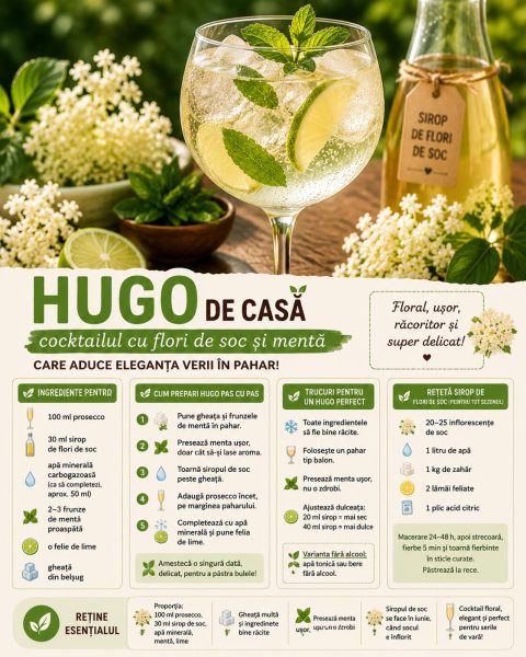Hugo de casă, cocktailul cu flori de soc și mentă care aduce eleganța verii în pahar