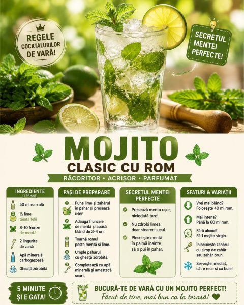 Mojito clasic cu rom, regele cocktailurilor de vară. Iată secretul mentei perfecte!