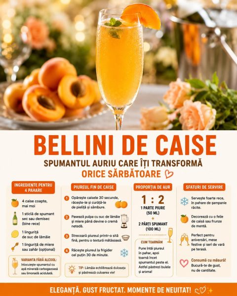 Bellini de caise, spumantul auriu care îți transformă orice sărbătoare. Iată rețeta!
