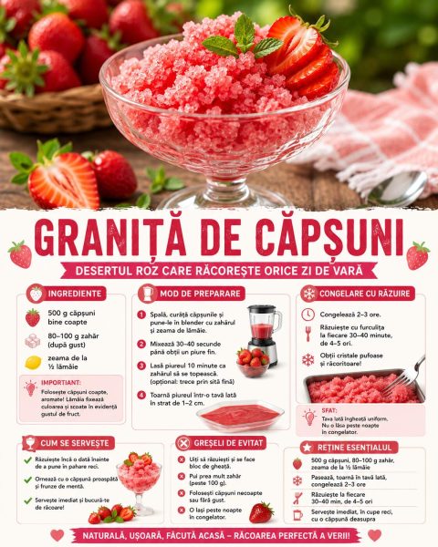 Granită de căpșuni, desertul roz care răcorește orice zi de vară. Iat-o pas cu pas!
