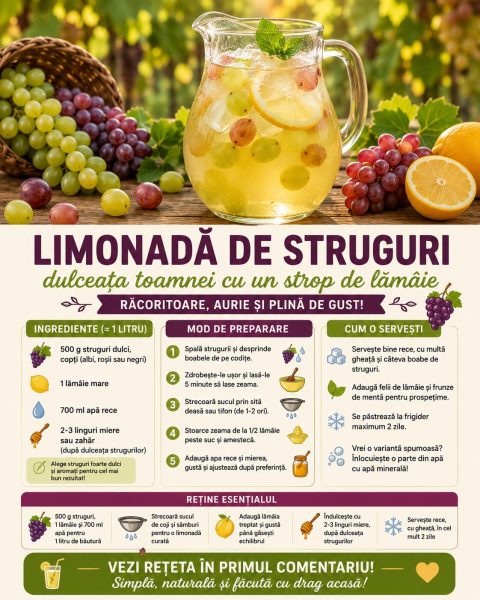 Limonadă de struguri, dulceața toamnei cu un strop de lămâie. Iată cum o faci acasă!