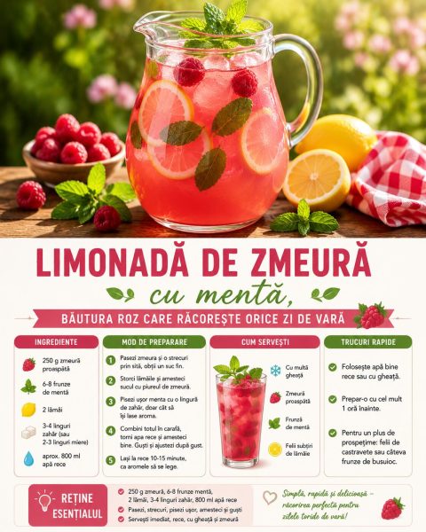 Limonadă de zmeură cu mentă, băutura roz care răcorește orice zi de vară