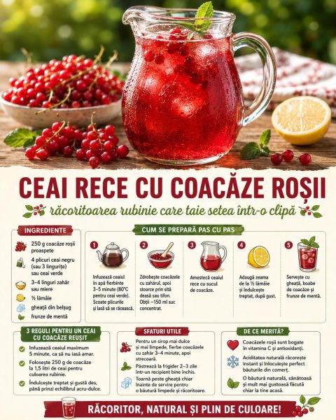 Ceai rece cu coacăze roșii, răcoritoarea rubinie care taie setea într-o clipă