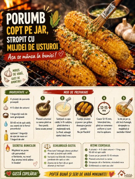 Porumb copt pe jar, stropit cu mujdei de usturoi. Așa se mânca la bunici!