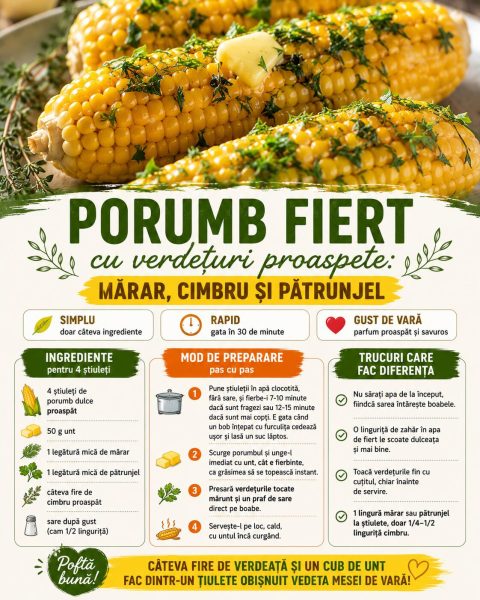 Porumb fiert cu verdețuri proaspete: mărar, cimbru și pătrunjel
