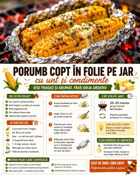 Porumb copt în folie pe jar cu unt și condimente. Iese fraged și aromat, fără grija arderii!