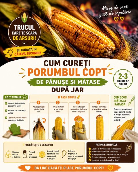 Cum cureți porumbul copt de pănușe și mătase după jar. Iată trucul care te scapă de arsuri!