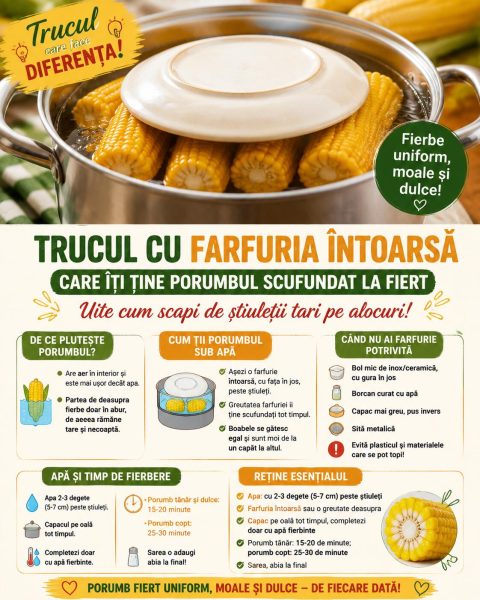 Trucul cu farfuria întoarsă care îți ține porumbul scufundat la fiert. Uite cum scapi de știuleții tari pe alocuri!
