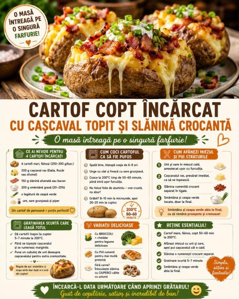 Cartof copt încărcat cu cașcaval topit și slănină crocantă. O masă întreagă pe o singură farfurie!