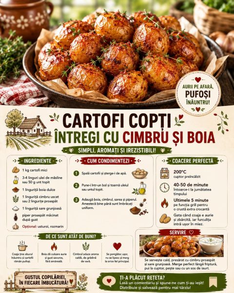 Cartofi copți întregi cu cimbru și boia. Aurii pe afară, pufoși înăuntru!