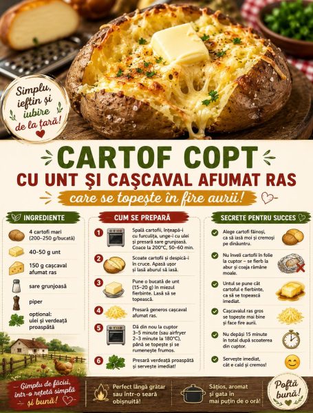 Cartof copt cu unt și cașcaval afumat ras care se topește în fire aurii. Uite cât e de simplu!