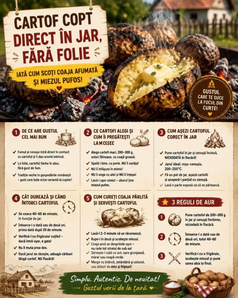 Cartof copt direct în jar, fără folie. Iată cum scoți coaja afumată și miezul pufos!