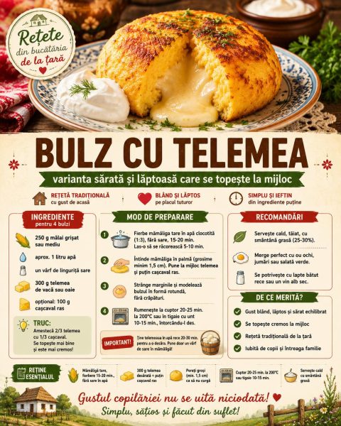 Bulz cu telemea, varianta sărată și lăptoasă care se topește la mijloc