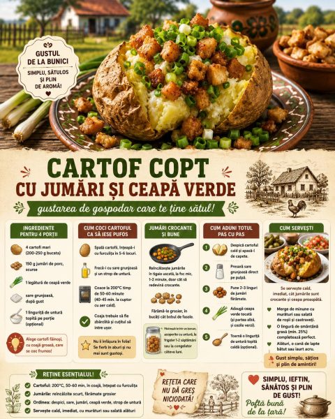 Cartof copt cu jumări și ceapă verde, gustarea de gospodar care te ține sătul