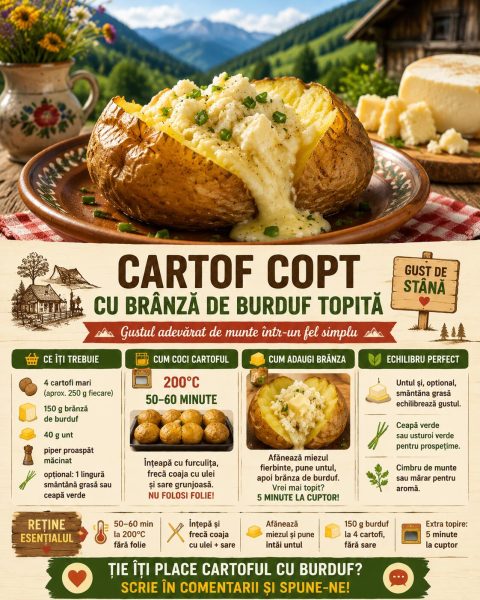Cartof copt cu brânză de burduf topită. Gustul adevărat de munte într-un fel simplu