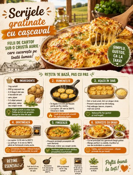Scrijele gratinate cu cașcaval. Felii de cartof sub o crustă aurie care cucerește pe toată lumea!