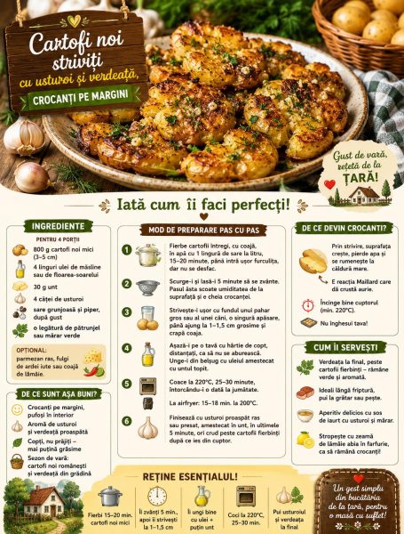 Cartofi noi striviți cu usturoi și verdeață, crocanți pe margini. Iată cum îi faci perfecți!