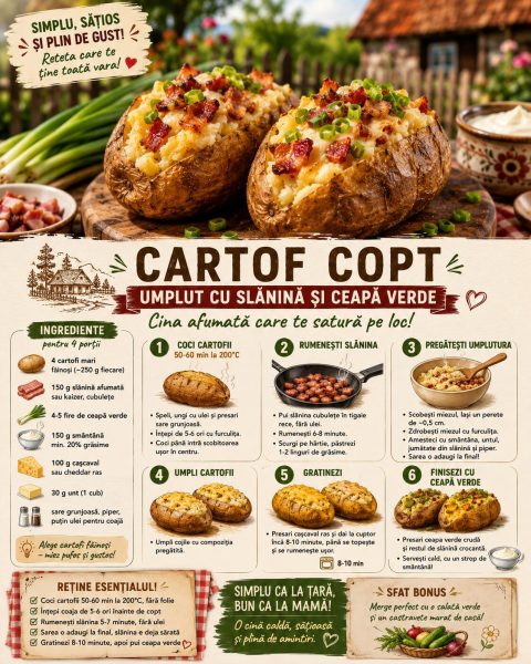 Cartof copt umplut cu slănină și ceapă verde. Cina afumată care te satură pe loc!