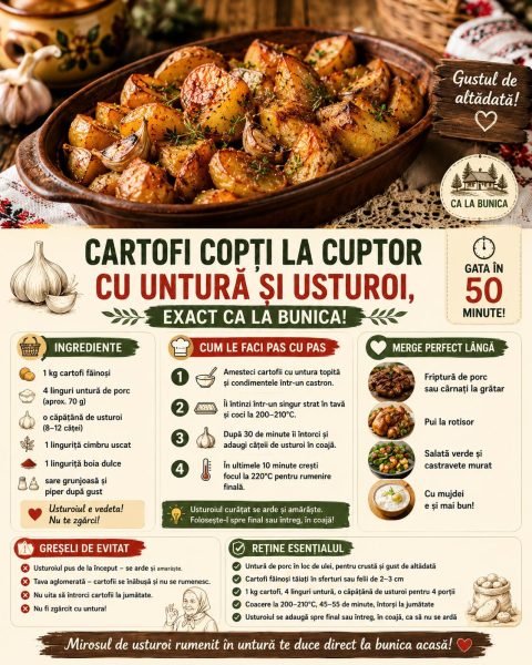Cartofi copți la cuptor cu untură și usturoi, exact ca la bunica. Gustul de altădată!