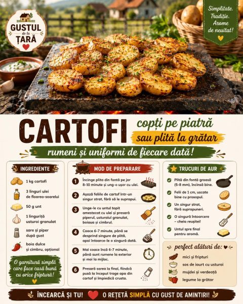 Cartofi copți pe piatră sau plită la grătar. Iată cum îi faci rumeni și uniformi de fiecare dată!