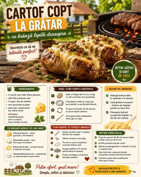 Cartof copt la grătar cu brânză topită deasupra. Iată secretul ca să se întindă perfect!