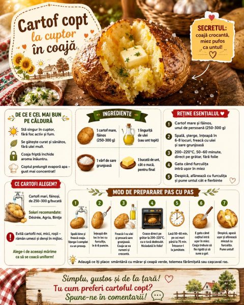 Cartof copt la cuptor în coajă, cu miez pufos ca untul și coajă crocantă. Iată secretul!