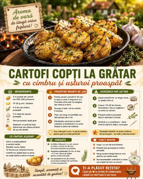 Cartofi copți la grătar cu cimbru și usturoi proaspăt. Aroma de vară de lângă orice friptură!