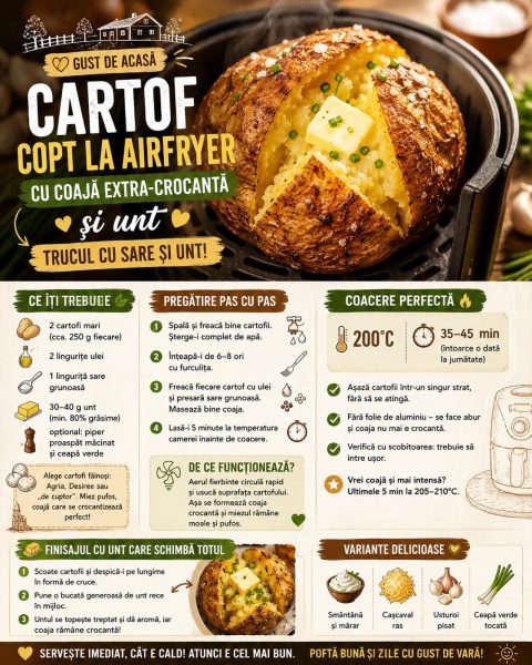 Cartof copt la airfryer cu coajă extra-crocantă. Iată trucul cu sare și unt!