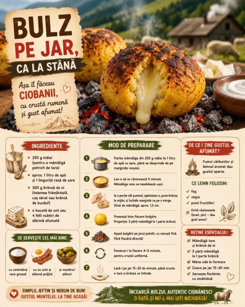 Bulz pe jar, ca la stână. Așa îl făceau ciobanii, cu crustă rumenă și gust afumat!