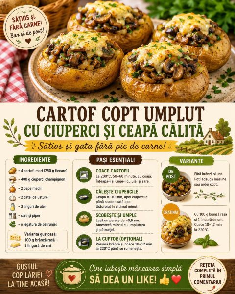 Cartof copt umplut cu ciuperci și ceapă călită. Sătios și gata fără pic de carne!