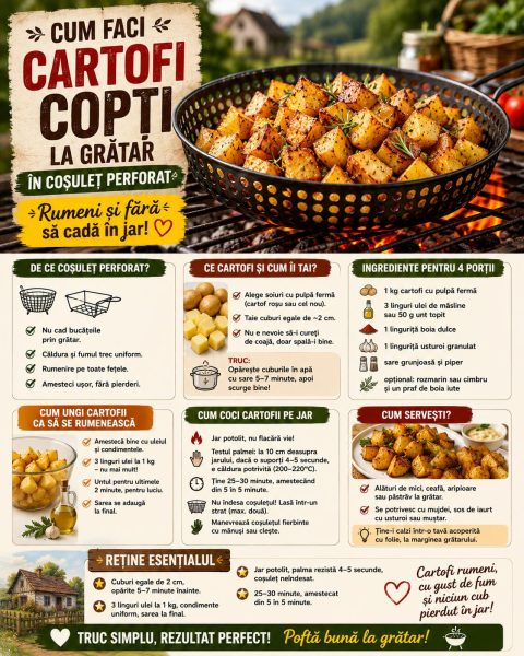 Cum faci cartofi copți la grătar în coșuleț perforat, rumeni și fără să cadă în jar