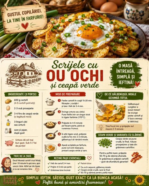 Scrijele cu ou ochi și ceapă verde. O masă întreagă, simplă și ieftină!