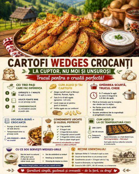 Cartofi wedges crocanți la cuptor, nu moi și unsuroși. Iată trucul pentru o crustă perfectă!