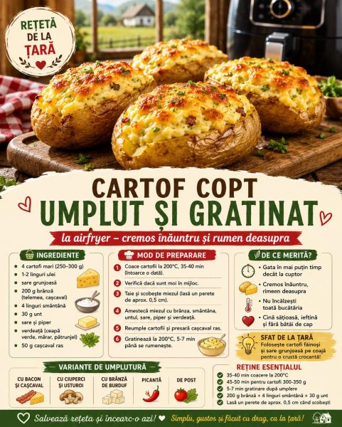 Cartof copt umplut și gratinat la airfryer, cremos înăuntru și rumen deasupra