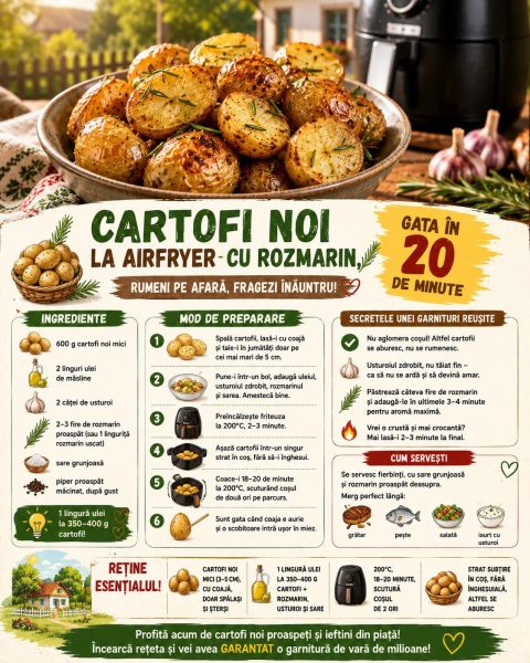 Cartofi noi la airfryer cu rozmarin, gata în 20 de minute. Iată cum ies perfecți!