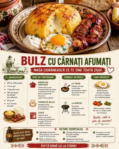 Bulz cu cârnați afumați. Masa ciobănească ce te ține toată ziua!