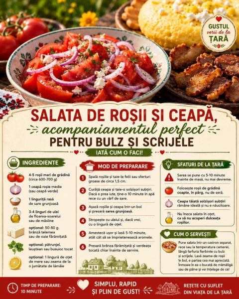 Salata de roșii și ceapă, acompaniamentul perfect pentru bulz și scrijele. Iată cum o faci!