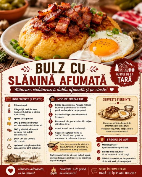 Bulz cu slănină afumată rumenită. Mâncare ciobănească dublu afumată și pe cinste!