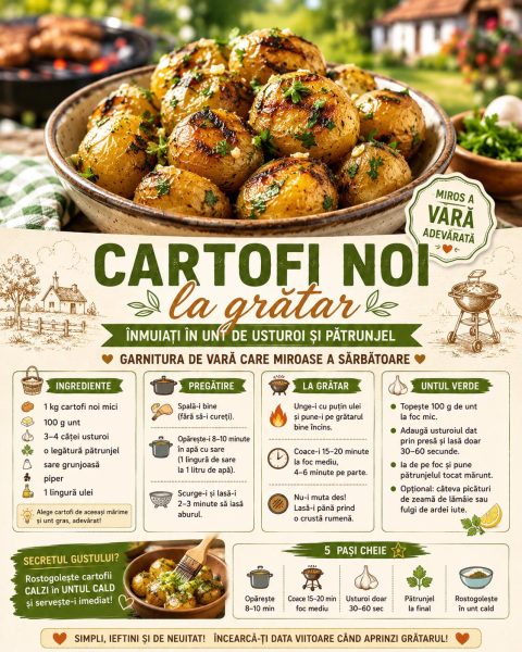 Cartofi noi la grătar înmuiați în unt de usturoi și pătrunjel. Garnitura de vară care miroase a sărbătoare