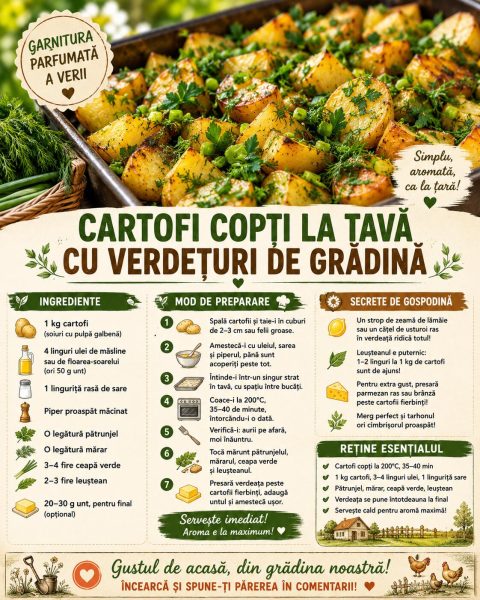 Cartofi copți la tavă cu verdețuri de grădină. Iată garnitura parfumată a verii!