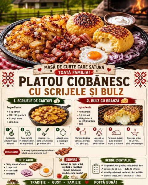 Platou ciobănesc cu scrijele și bulz. Iată masa de curte care satură toată familia!