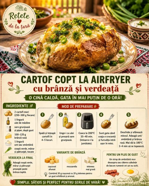 Cartof copt la airfryer cu brânză și verdeață. O cină caldă, gata în mai puțin de o oră!